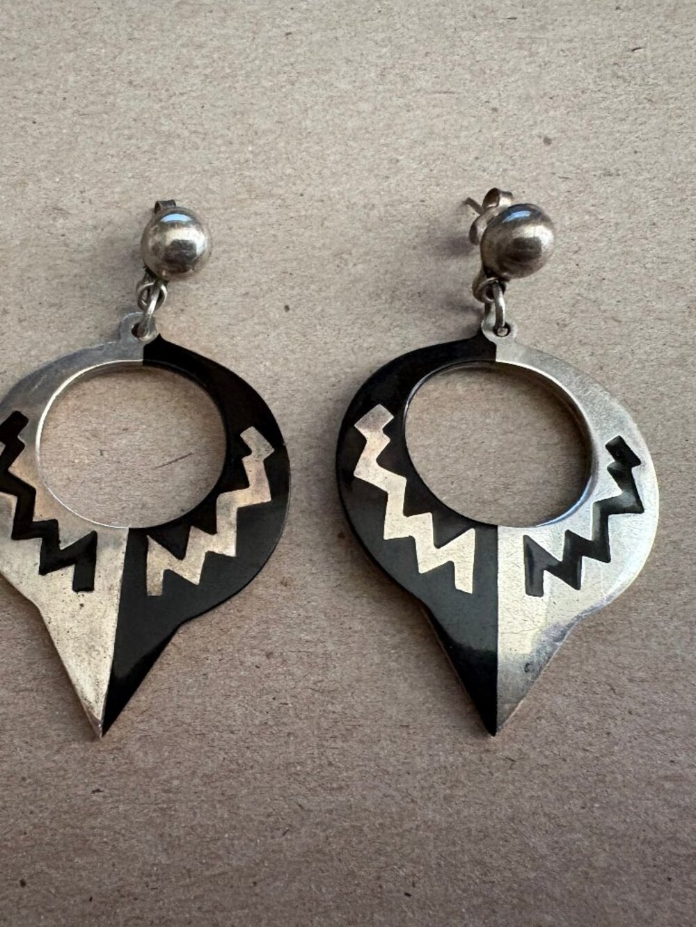 Unique vintage 80s Mexican stamped sterling & black enamel geometric earrings